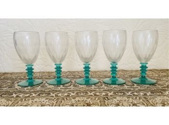 5 Vintage Glass Goblets With Green Stems