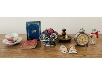 Assorted Antique Doll Miniatures With 2 Books Clock And More