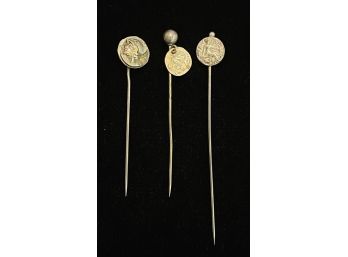 3 Antique Stick Pins With Ancient Coin Style Accents