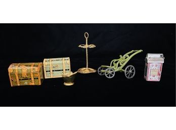 Antique Dollhouse Miniature With Stroller-missing A Wheel, Umbrella Stand And More