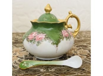 Small Vintage Porcelain Sugar Bowl With Lid And Spoon