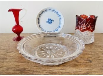 Various Antique Miniature Glass Pieces With Plate, Red Blown Glass Vase And  More
