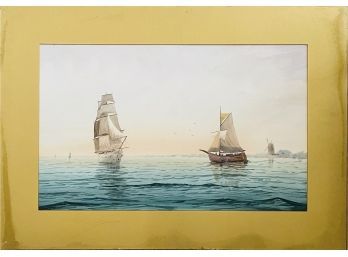 Original Antique Watercolor Unframed Ships On Water Signed
