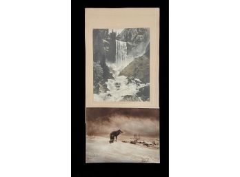 2 Antique Images, With 1 Colorized Photograph Of Vernal Falls And Snowy Landscape Print With Lone Wolf