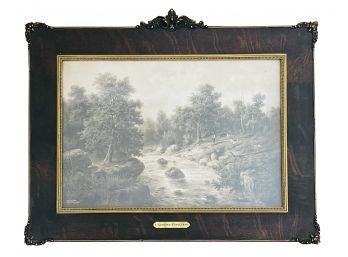 Antique 1904 'Alpine Torrent' Print In Tiger Oak Frame