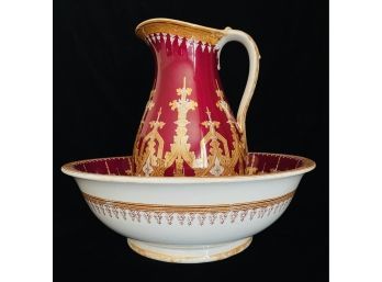 Impressive Vintage Furnival Wash Basin Bowl & Pitcher With Red And Gold Accents Stamped