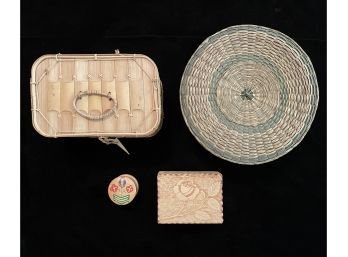 Antique Woven Sewing Basket And 3 Boxes
