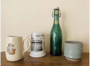 Vintage Green Bottle And 3 Mugs