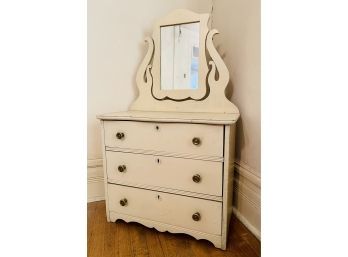 Antique Child's Toy  Wood 3 Drawer Chest With Mirror Painted Ivory