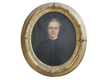 Antique Oil Painting Of Young Man Oval Gilt Frame