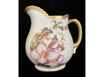 Antique Ivory Stone Crescent Pitcher With Flowers