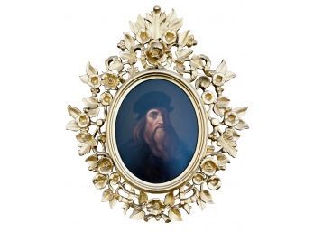 Antique Reproduction Oil Painting On Board Of Leonardo Da Vinci In Ornate Oval Frame