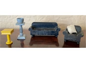 Antique Wood Dollhouse Miniatures With Sofa Chair And More