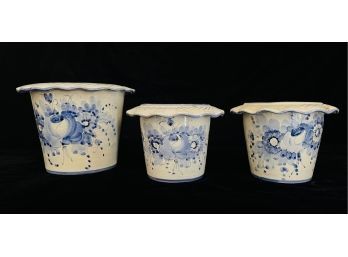 3 Italian Ceramic Blue & White Pots