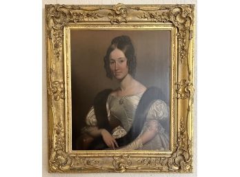Beautiful Antique Oil Portrait Of Woman In White Dress With Fur In Ornate Gilt Frame Has Cracks In Frame