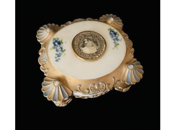 Ornate Antique Milk Glass Trinket Box With Gold Accents