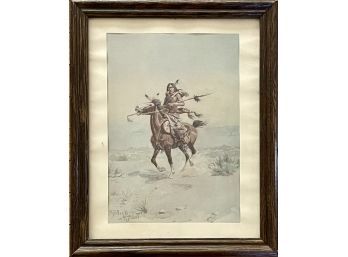 Vintage C.M. Russel Framed Reproduction Print Indian On Horse