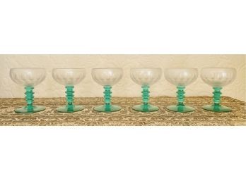 6 Vintage Coupe Champagne Glasses With Green Stems