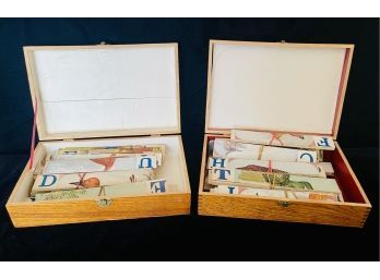 2 Antique Paper Puzzle Sets In Wood Boxes