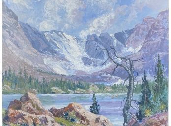 Serene Mountain Range & Lake Scene Oil On Canvas