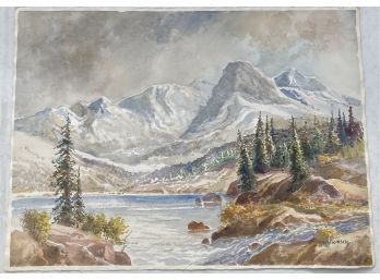 Beautiful John Hirsch Unframed Mountain And Lake Scene Watercolor On Paper