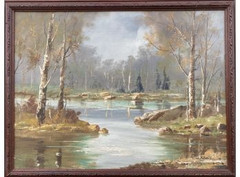 Peaceful Oil Painting On Canvas ' Water In The Forest'  (fall River)  Framed