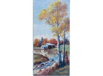 Cute Farm House Along The Water Painting On Canvas Panel