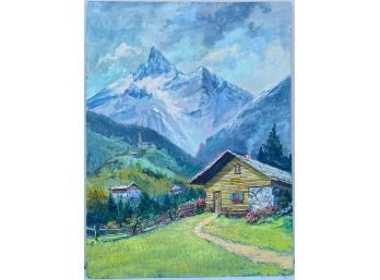 Cabin In The Meadow With Beautiful White Mountain Scenery Oil Painting