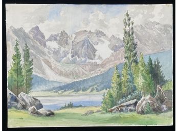 'Quiet Lake Along Snowy Mountains' Watercolor On Paper