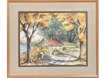 Original Winifred Bracher Fall Country House Scene Watercolor On Paper