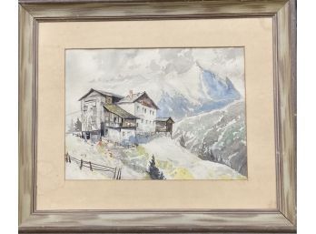 Vintage Framed Watercolor Snowy Mountain Landscape Painting