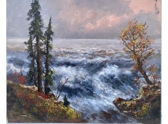 Beautiful Water Scene With Bright Falls On Trees On Canvas Panel- Signed!