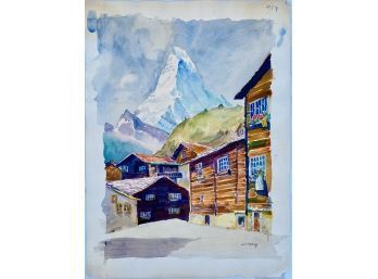 Adorable Mountain Town With Snowy Mountain Landscape Watercolor Painting