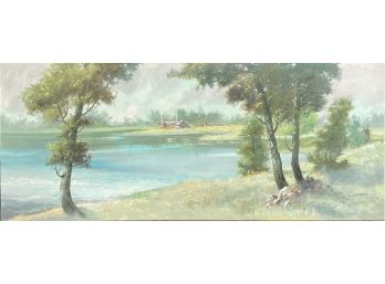 Gorgeous Vintage John Kirsch Lake Scenery Oil On Cork Painting