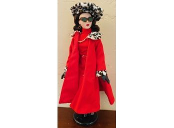 Vintage Doll By 'Gene' Mel Odom For Ashton Drake Galleries Red Dress & Coat With Animal Print Hat And Trim