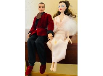 Vintage Seated Position Mel Odom Doll In Pink Satin Nightgown & Male Trent Doll In Velvet Smoking Jacket