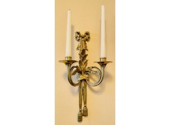 Beautiful Solid Brass Wall Candle Sconce With Horn, Oak Leaf And Ribbon Accent 1 Of 2