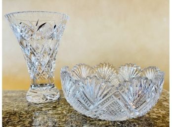 2 Antique Cut Crystal Bowl & Vase