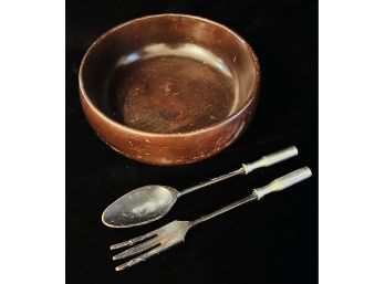 Vintage Wood Salad Bowl With Sterling Base And Two Compatible Serving Utensils With Metal Handles