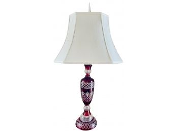 Vintage Cut Glass Lamp With Cranberry Finish And White Silk Shade 2 Of 2