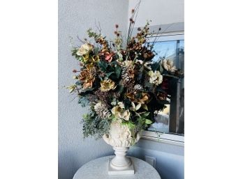 Dramatic Ornate Classic Style Plaster Urn Planter With Faux Flower Custom Arrangement