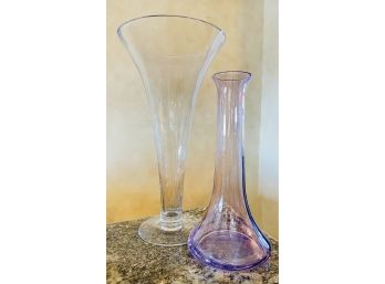 2 Glass Vases With Large Hand Blown Trumpet Style & 1 Lavender Glass