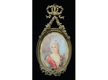 Small Oval Original Continental Portrait Oil Painting Of 18th Century Lady In Ornate Brass Frame Signed