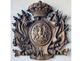 Large, Elegant And Ornate Crest Wall Plaque With Eagle Under Crown Distressed Patina Finish