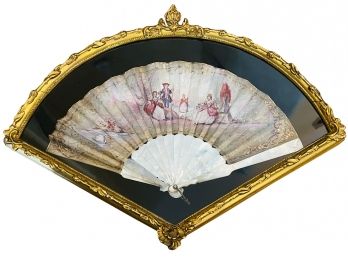 Gorgeous  Shadow Box Framed Antique Hand Painted French Opera Fan With Mother Of Pearl Handle