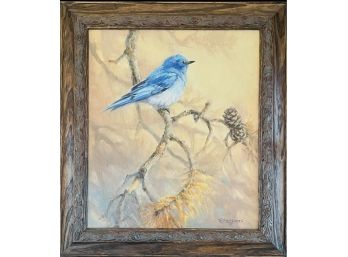 Original Oil Painting 'Bluebird & Milkweed' By Wyoming Artist Renee Piskorski In Carved Wood Frame