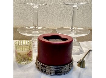 Beautiful Reversible Glass Candle Holders, Brass Lighter/Snuffer, & Candle Lot