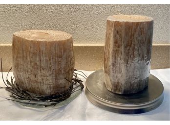 Beautiful Log Design Pillar Candles W/ Bases & A Twig Wreath Ring Untested