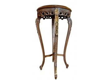 Antique Round Carved Wood Table With Gold Accents And Marble Top European