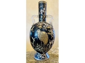 Gorgeous Antique Chinese Porcelain Vase With Crane Design And Blown Glass Handles